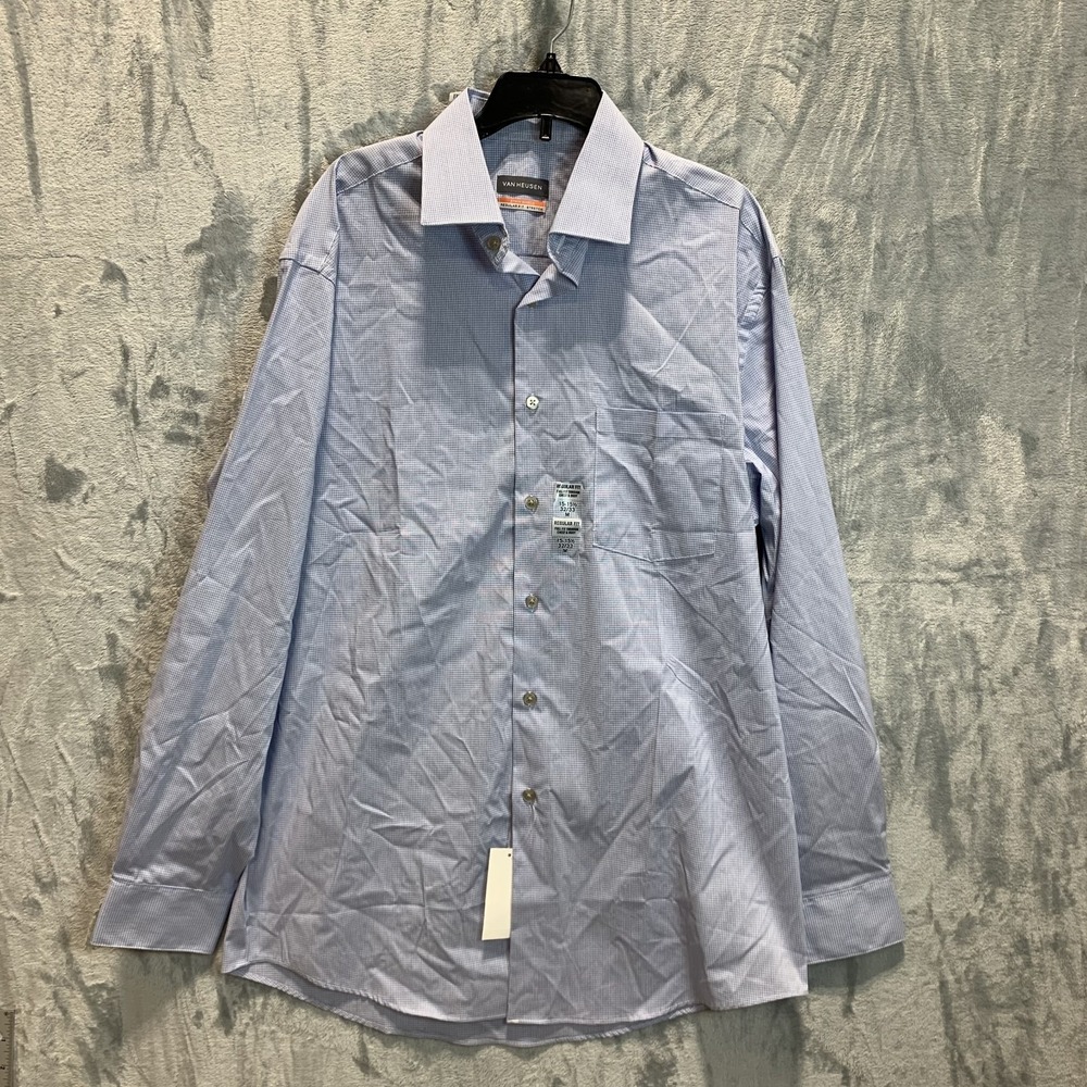 Van Heusen Men's Button Up Shirt Long Sleeve Check Plaid Blue White M 15 - 15.5